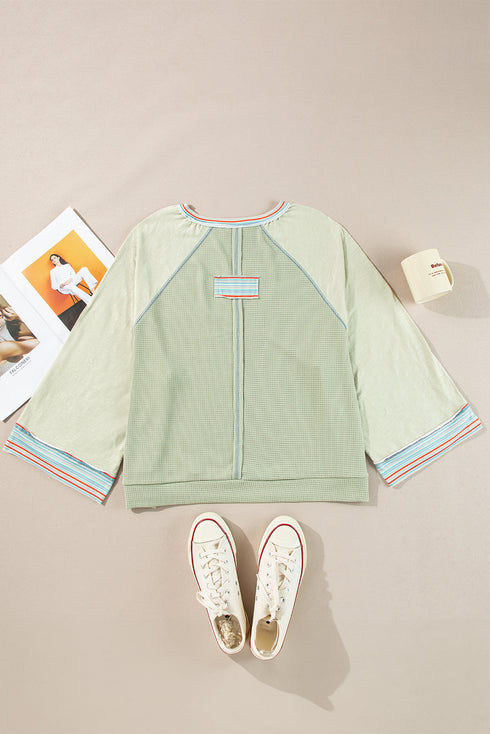 Waffle Knit Patchwork Wide Sleeve Raglan Casual Top