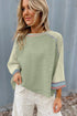 Waffle Knit Patchwork Wide Sleeve Raglan Casual Top