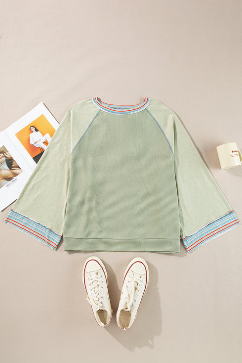 Waffle Knit Patchwork Wide Sleeve Raglan Casual Top