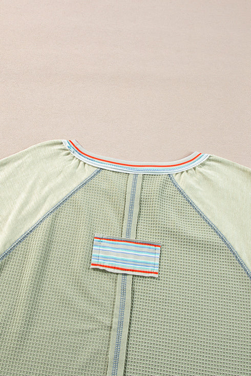 Waffle Knit Patchwork Wide Sleeve Raglan Casual Top