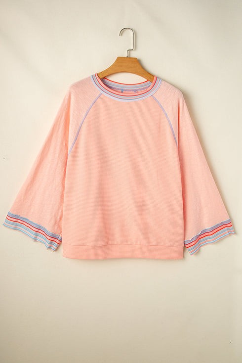 Waffle Knit Patchwork Wide Sleeve Raglan Casual Top