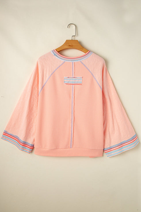 Waffle Knit Patchwork Wide Sleeve Raglan Casual Top