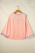 Waffle Knit Patchwork Wide Sleeve Raglan Casual Top