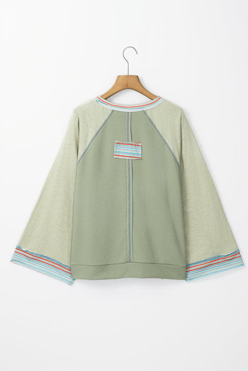 Waffle Knit Patchwork Wide Sleeve Raglan Casual Top