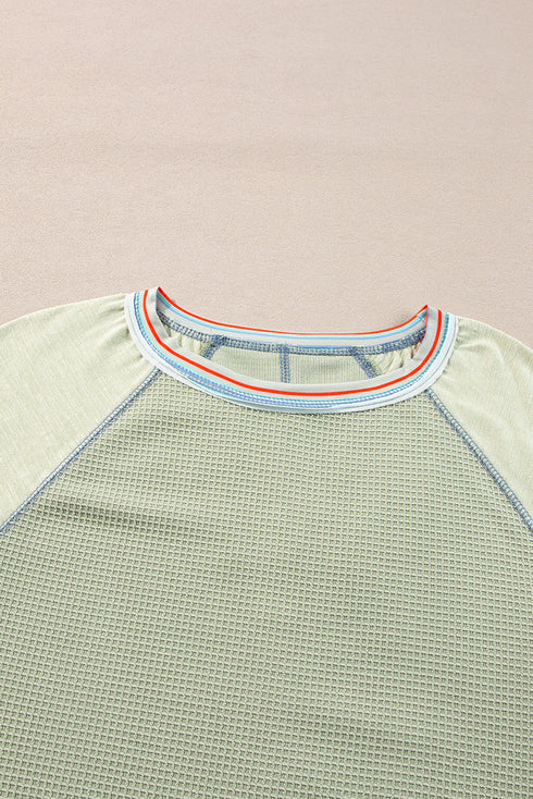 Waffle Knit Patchwork Wide Sleeve Raglan Casual Top