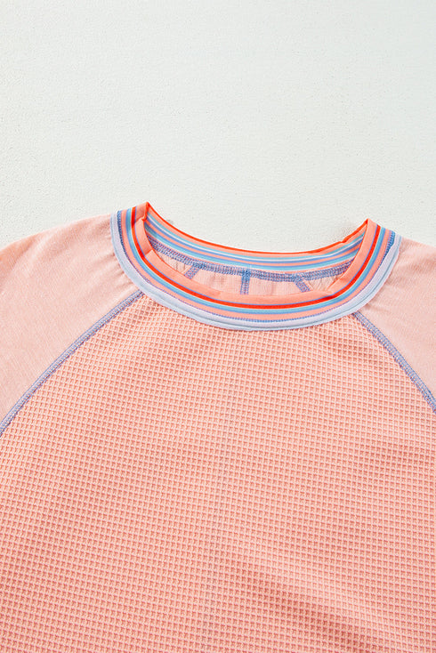 Waffle Knit Patchwork Wide Sleeve Raglan Casual Top