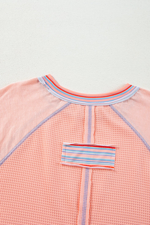 Waffle Knit Patchwork Wide Sleeve Raglan Casual Top