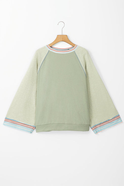 Waffle Knit Patchwork Wide Sleeve Raglan Casual Top