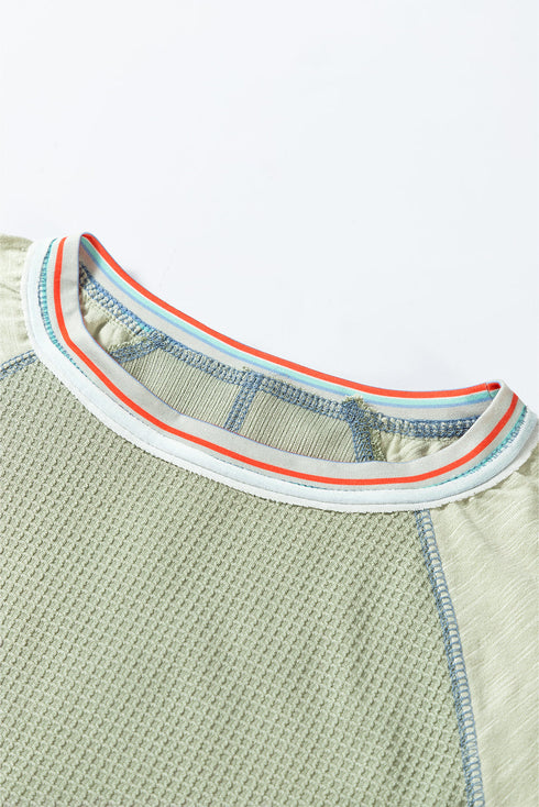 Waffle Knit Patchwork Wide Sleeve Raglan Casual Top
