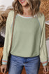 Waffle Knit Patchwork Wide Sleeve Raglan Casual Top