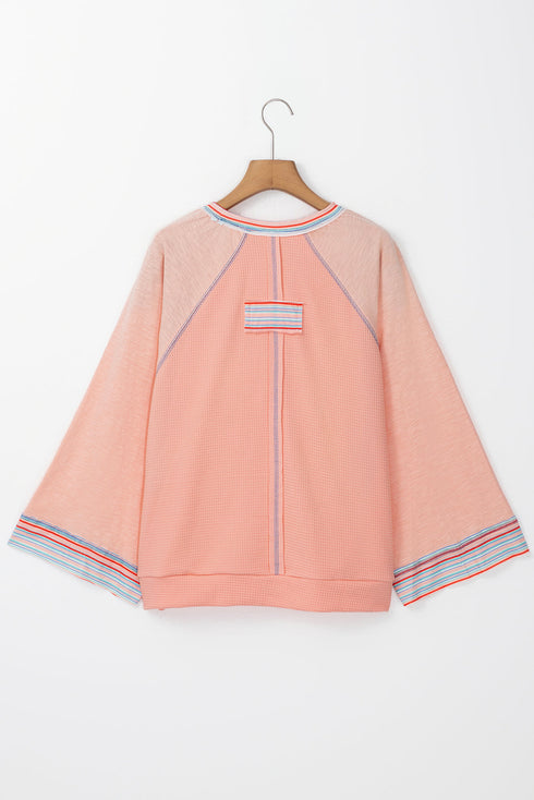Waffle Knit Patchwork Wide Sleeve Raglan Casual Top