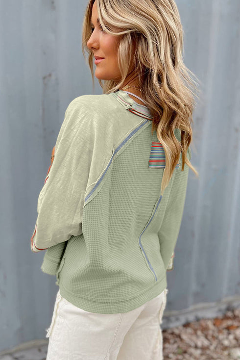Waffle Knit Patchwork Wide Sleeve Raglan Casual Top