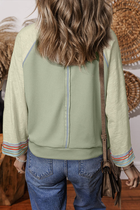 Waffle Knit Patchwork Wide Sleeve Raglan Casual Top
