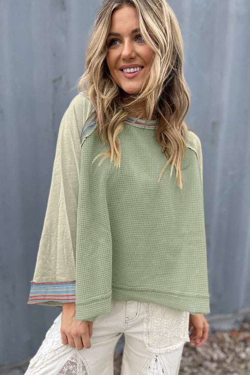 Waffle Knit Patchwork Wide Sleeve Raglan Casual Top