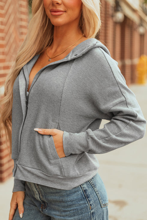 Waffle Knit Patchwork Zip Up Button Hooded Jacket