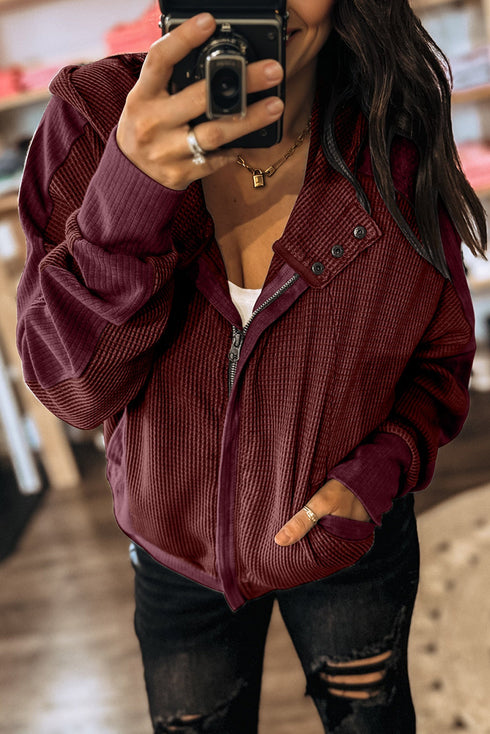 Waffle Knit Patchwork Zip Up Button Hooded Jacket