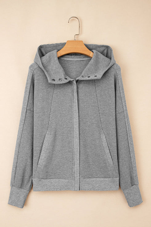 Waffle Knit Patchwork Zip Up Button Hooded Jacket