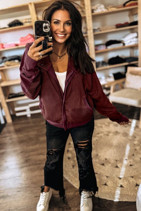 Waffle Knit Patchwork Zip Up Button Hooded Jacket