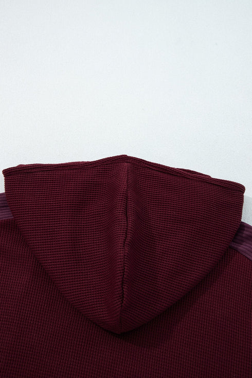 Waffle Knit Patchwork Zip Up Button Hooded Jacket