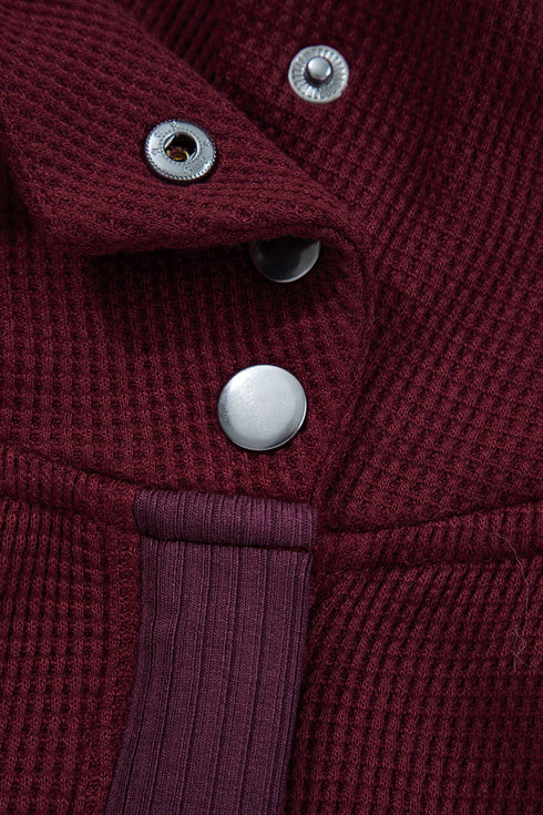 Waffle Knit Patchwork Zip Up Button Hooded Jacket