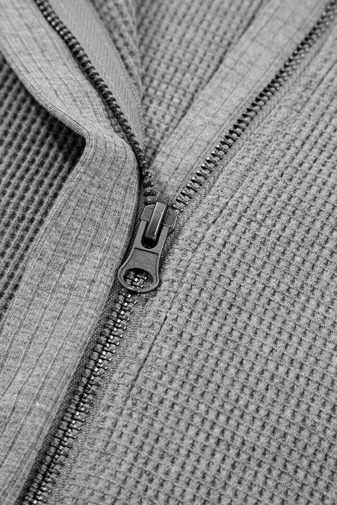 Waffle Knit Patchwork Zip Up Button Hooded Jacket