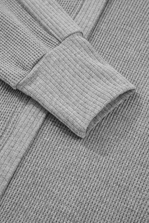 Waffle Knit Patchwork Zip Up Button Hooded Jacket
