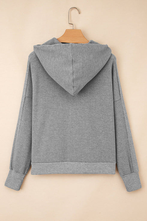 Waffle Knit Patchwork Zip Up Button Hooded Jacket