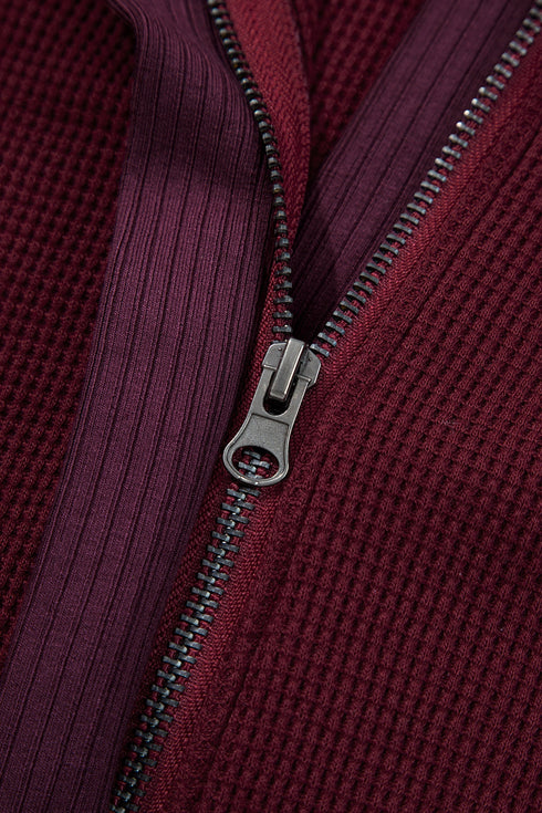 Waffle Knit Patchwork Zip Up Button Hooded Jacket