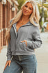 Waffle Knit Patchwork Zip Up Button Hooded Jacket
