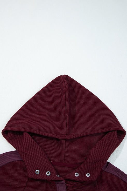 Waffle Knit Patchwork Zip Up Button Hooded Jacket