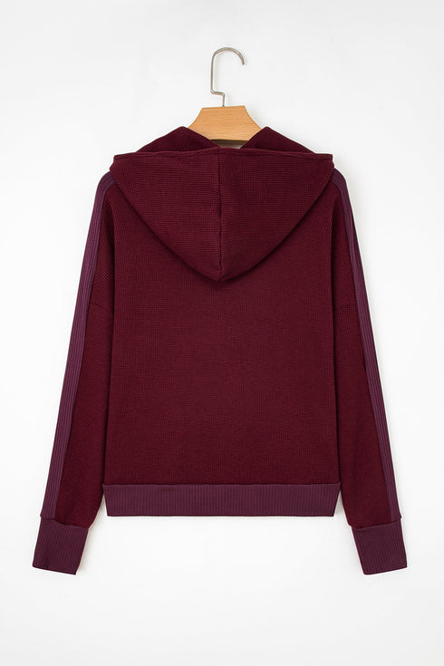 Waffle Knit Patchwork Zip Up Button Hooded Jacket