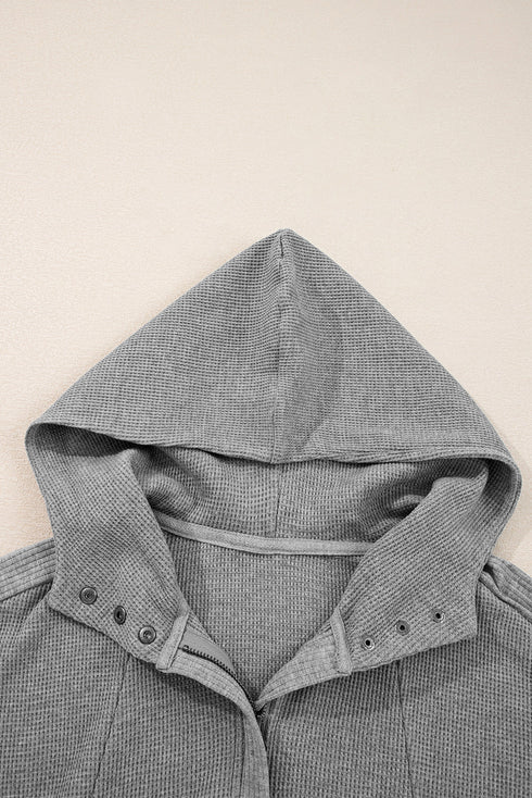 Waffle Knit Patchwork Zip Up Button Hooded Jacket
