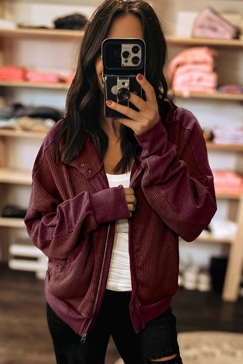 Waffle Knit Patchwork Zip Up Button Hooded Jacket
