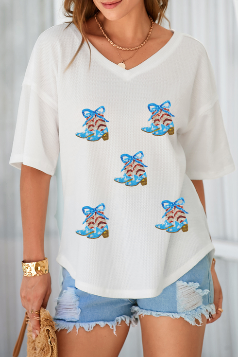 Waffle Knit Patriotic Bow Boots Graphic V Neck Tee
