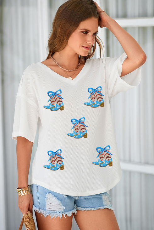 Waffle Knit Patriotic Bow Boots Graphic V Neck Tee
