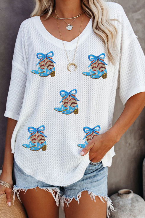 Waffle Knit Patriotic Bow Boots Graphic V Neck Tee