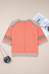 Waffle Knit Plaid Floral Patchwork Bracelet Sleeve Top