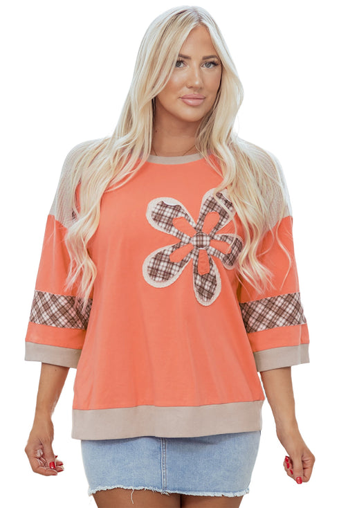 Waffle Knit Plaid Floral Patchwork Bracelet Sleeve Top