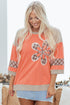 Waffle Knit Plaid Floral Patchwork Bracelet Sleeve Top