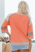 Waffle Knit Plaid Floral Patchwork Bracelet Sleeve Top