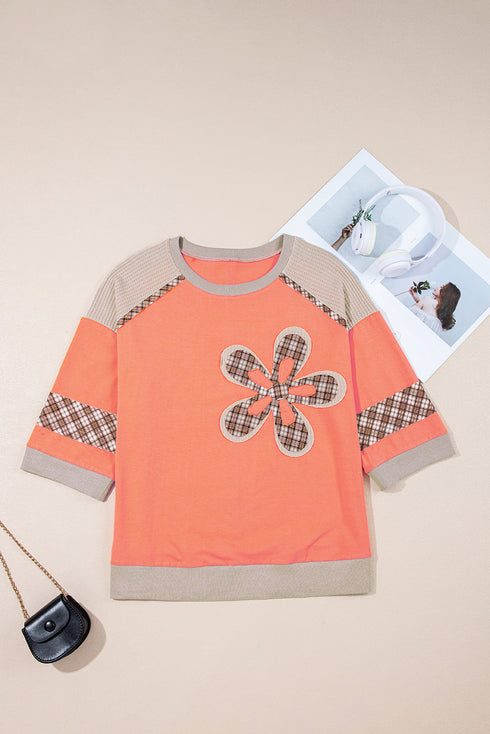 Waffle Knit Plaid Floral Patchwork Bracelet Sleeve Top