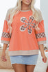 Waffle Knit Plaid Floral Patchwork Bracelet Sleeve Top