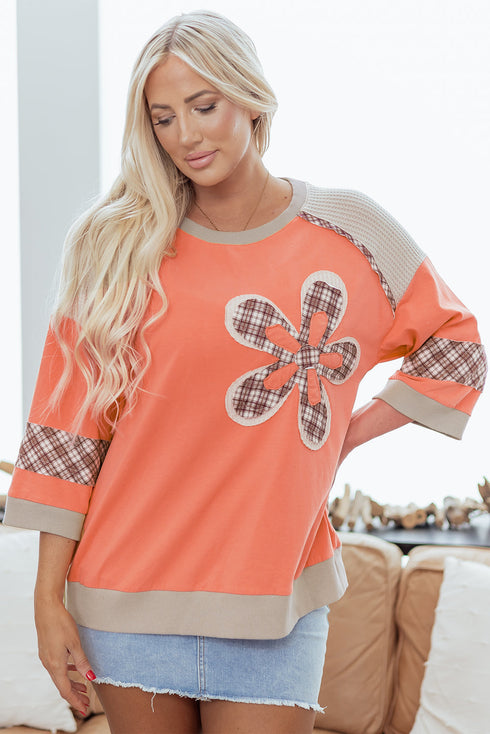 Waffle Knit Plaid Floral Patchwork Bracelet Sleeve Top