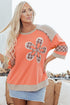 Waffle Knit Plaid Floral Patchwork Bracelet Sleeve Top