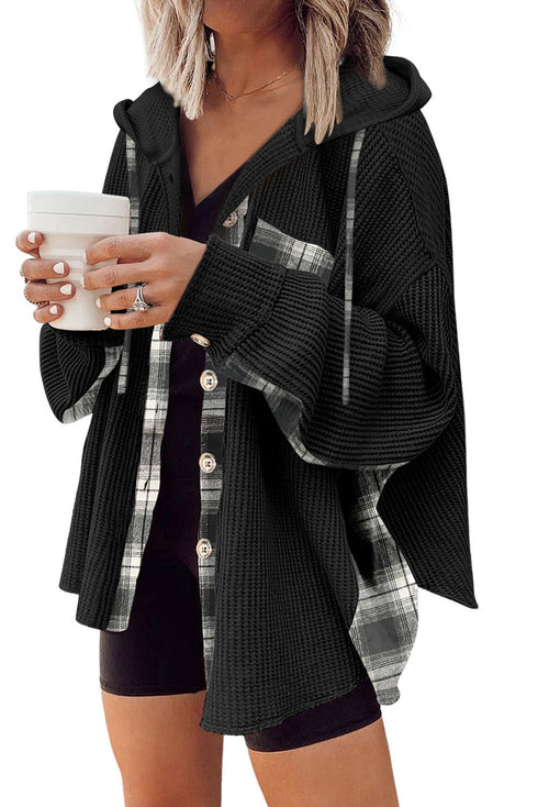 Waffle Knit Plaid Patchwork Drawstring Hooded Jacket