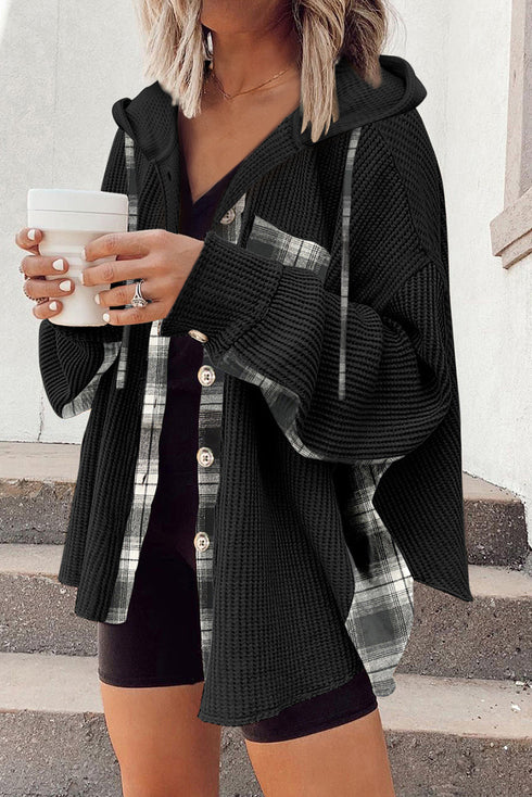 Waffle Knit Plaid Patchwork Drawstring Hooded Jacket