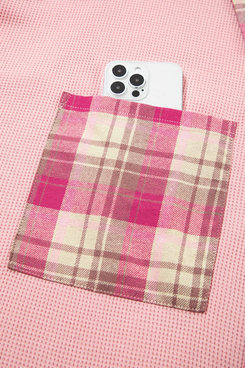 Waffle Knit Plaid Patchwork Pocket Outerwear