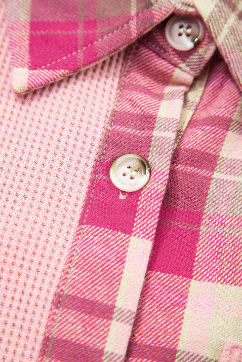 Waffle Knit Plaid Patchwork Pocket Outerwear