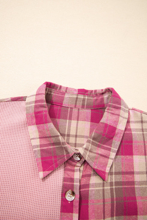 Waffle Knit Plaid Patchwork Pocket Outerwear