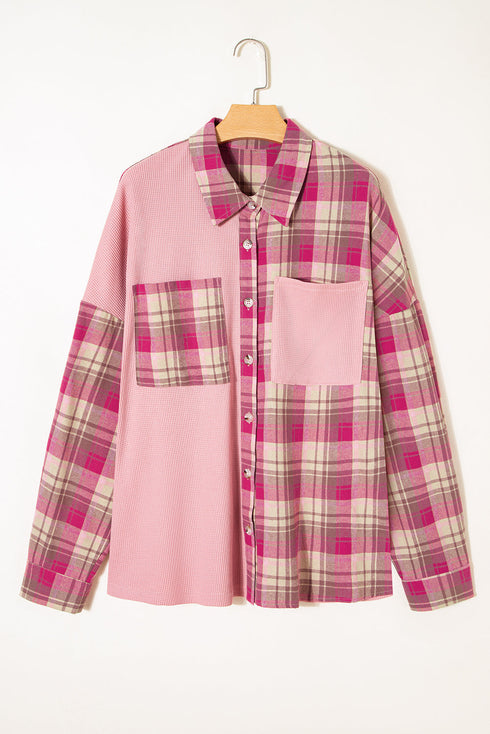 Waffle Knit Plaid Patchwork Pocket Outerwear